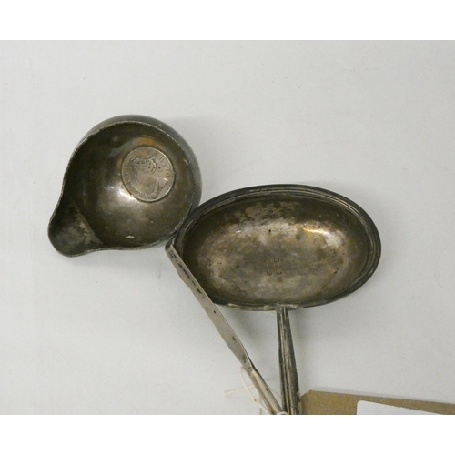 558 - Two antique silver brandy ladles with twisted treen handles