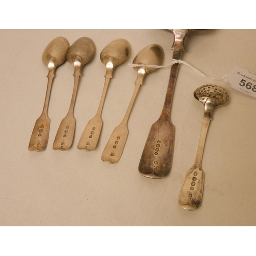 568 - A collection of Victorian and later silver spoons and a pair of sugar nips. 5.1 troy oz