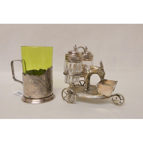 569 - A silver plated donkey cart cruet and an Art Nouveau green glass beaker in silver plated holder