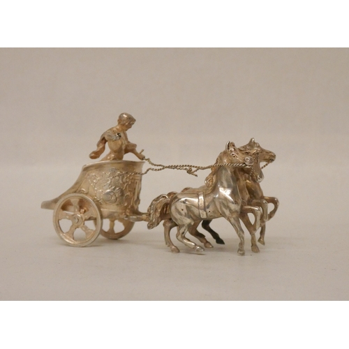 571 - A continental silver novelty model of a Roman horse drawn chariot. London import marks. 3.45 troy oz... 