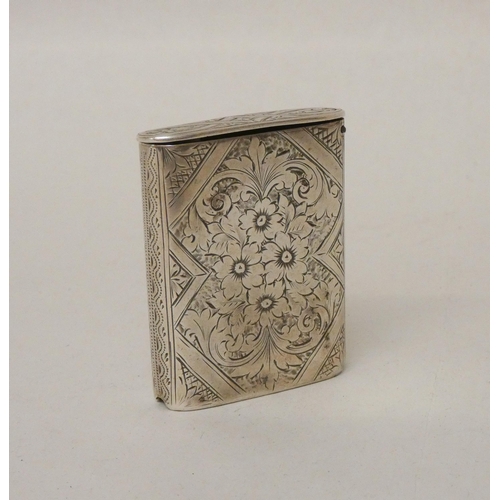 574 - A late Victorian silver book shaped vesta with strap work engraving. Hallmarked Birmingham 1894