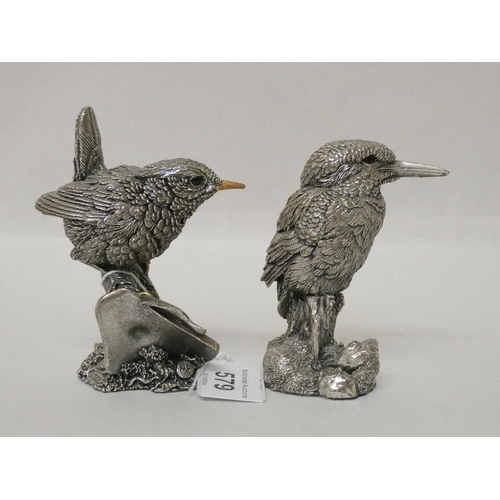 579 - Two modern hallmarked silver covered models of birds. A wren and a kingfisher. Approx 9cm tall.