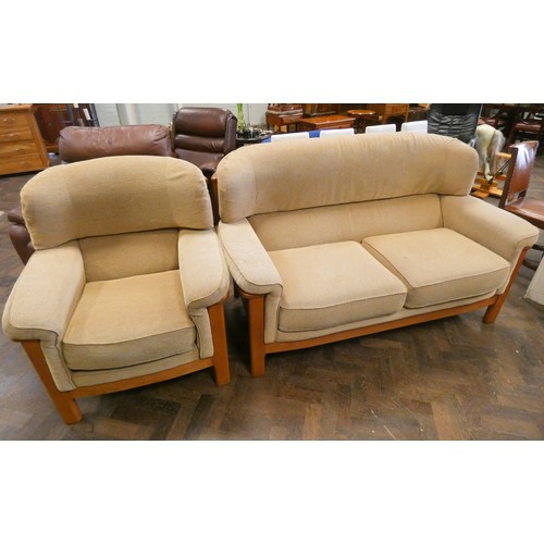 149 - A modern wood framed two seater settee in fawn mottled covering with one matching easy chair