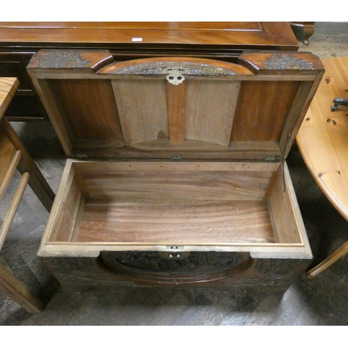 154 - A Chinese carved camphor wood blanket chest with recessed domed centre section. 3' wide