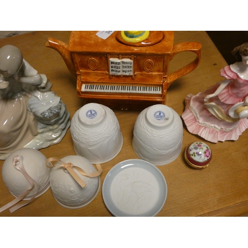 309 - A Neo figure, Royal Doulton lady figure, piano tea pot and four Lladro bells, two dishes and a trink... 