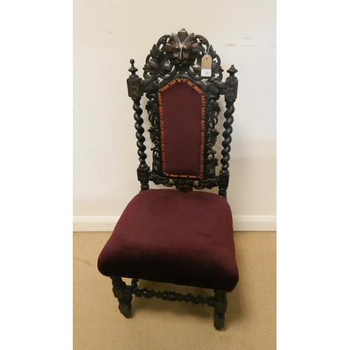 347 - A Victorian carved dark oak hall chair with barley twists columns and stretcher base with red uphols... 