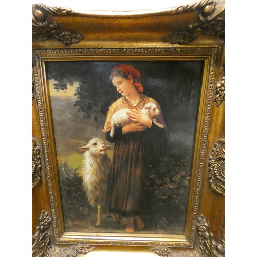 391 - A reprint of a Shepherdess with sheep in a Victorian style gilt frame. Image size 16