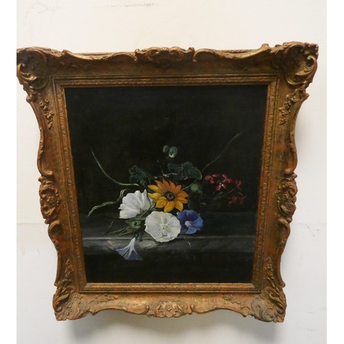 394 - A still life painting on panel of fruit in a gilt frame and a still life of flowers in a gilt frame