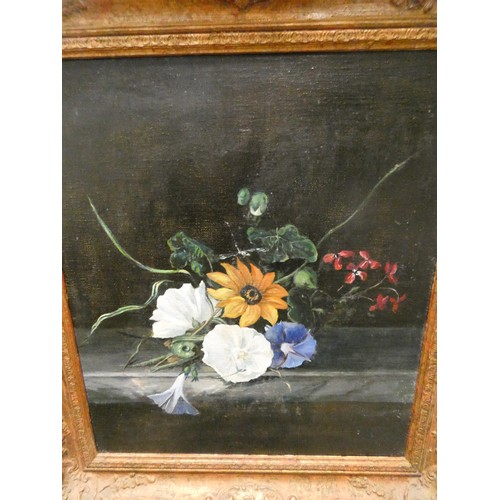 394 - A still life painting on panel of fruit in a gilt frame and a still life of flowers in a gilt frame