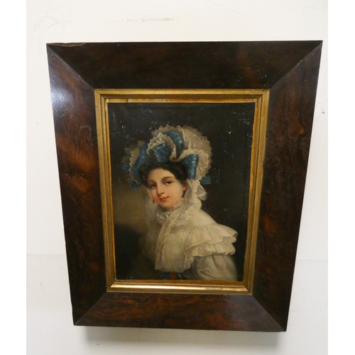 393 - A Victorian oil portrait of a lady in a rosewood frame. Image size 13