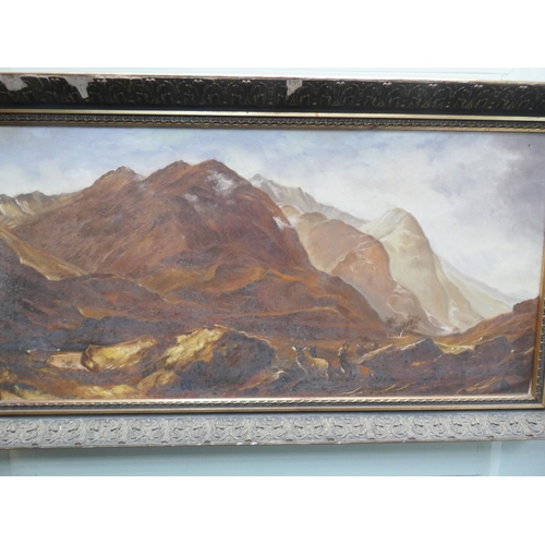 432 - An oil on canvas painting of a Scottish highland scene with deer to foreground in a gilt frame, imag... 