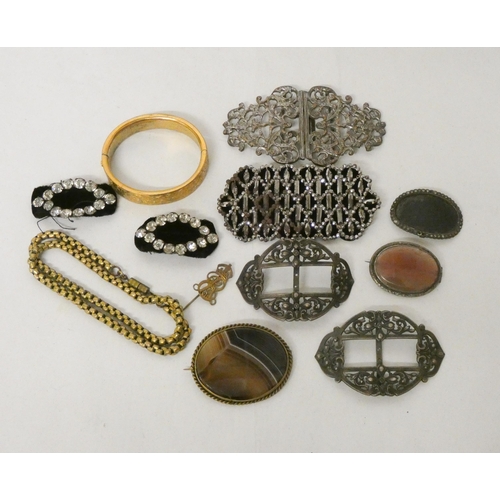 609 - A collection of antique buckles, gilt bangle and agate brooches etc.