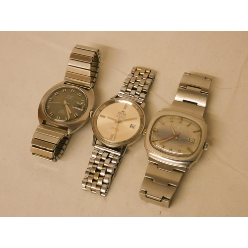 616 - A collection of three gents stainless steel automatic day date wrist watches. By Delma, Ancre/Hanowa... 