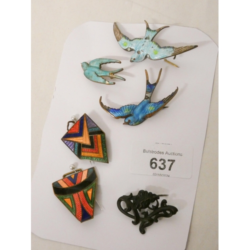 637 - Three vintage enamelled swallow brooches, Art Deco enamelled clip etc.