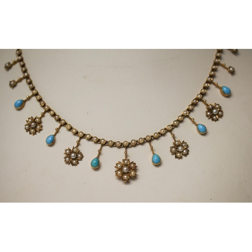 685 - A Edwardian seed pearl and turquoise fringe necklace composed of flower pendants and turquoise dropp... 