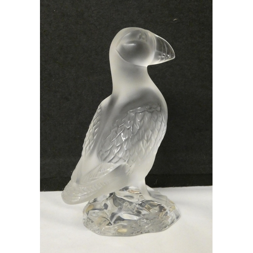 249 - A Lalique frosted crystal glass puffin. 20cm tall approx with original box