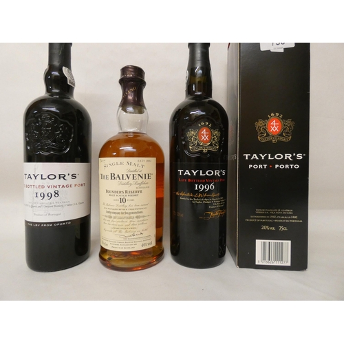 735 - Two bottles of Taylor's port, and a bottle of Balvenie Malt Scotch whiskey. 3 bottles in the lot