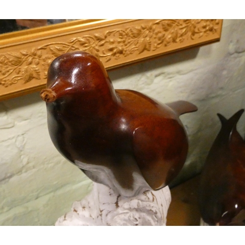 371 - Three life sized polished wood bird ornaments on white painted rock bases (beaks damaged)