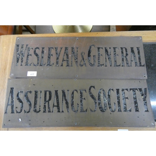 417 - Two brass insurance plaques, Wesley and General Assurance Society