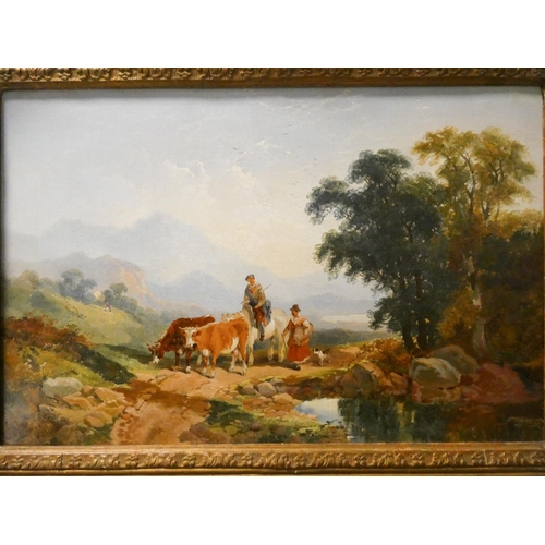 425 - A George Horlor oil painting of a farmer and his wife driving cows in a highland landscape scene in ... 