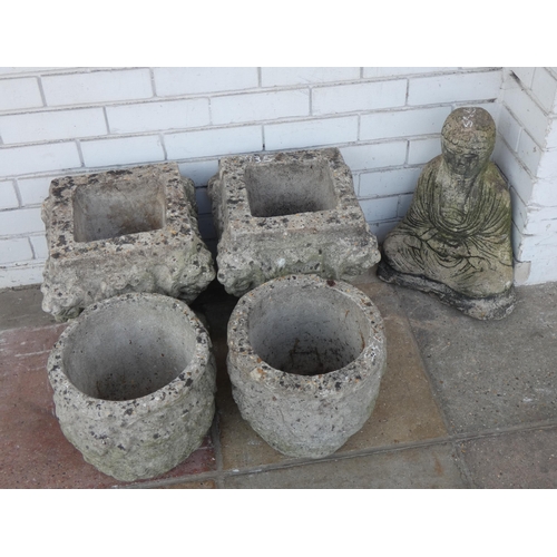 935 - Two square concrete planters, two circular concrete planters and a Buddha figure