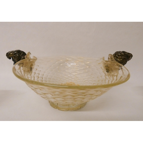 215 - A vintage Murano glass shaped bowl with blackamore head handles, a air of frilled candlesticks and a... 