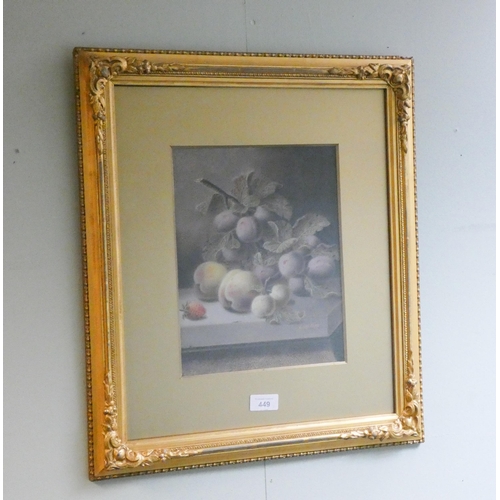 449 - An Oliver Clare oil on board still life of peaches and plums, signed lower right. Framed and glazed....