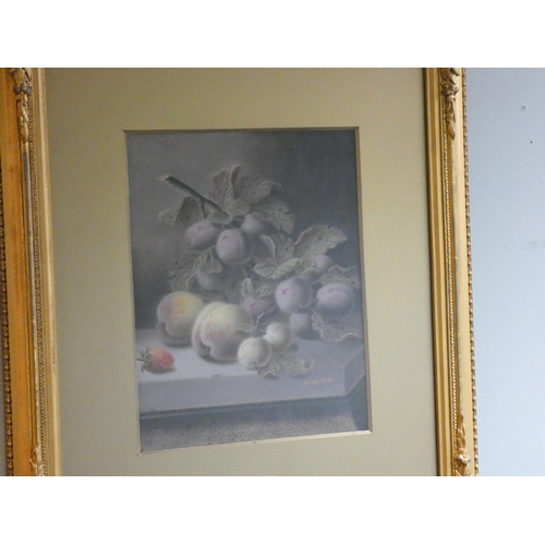 449 - An Oliver Clare oil on board still life of peaches and plums, signed lower right. Framed and glazed.... 