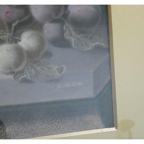 449 - An Oliver Clare oil on board still life of peaches and plums, signed lower right. Framed and glazed....