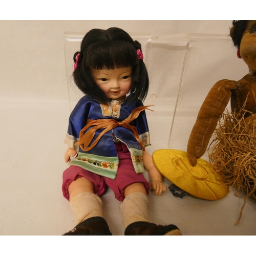 543 - A vintage Japanese jointed doll and a brown velvet Hula girl doll, both as found