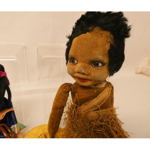 543 - A vintage Japanese jointed doll and a brown velvet Hula girl doll, both as found