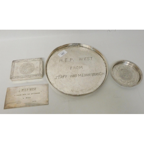 583 - Four pieces of Arabic white metal to include cigarette box and salver. Gross weight 30.8 troy ounces