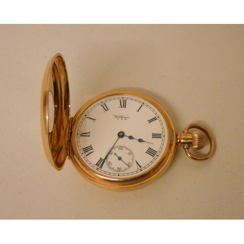 628 - A Waltham gold half hunter pocket watch, hallmarked 9ct gold inner & outer case, gross weight 100 gr... 