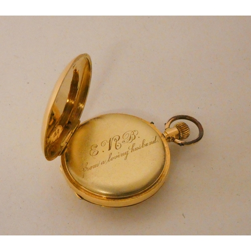 629 - A Victorian ladies 18k gold cased fob watch, inner gilt metal case with engraved panel 'ERB - from a... 