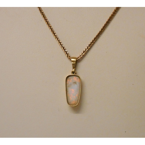 648 - An Australian boulder opal and diamond pendant set in 14ct gold, suspended from a 9ct rose gold chai... 