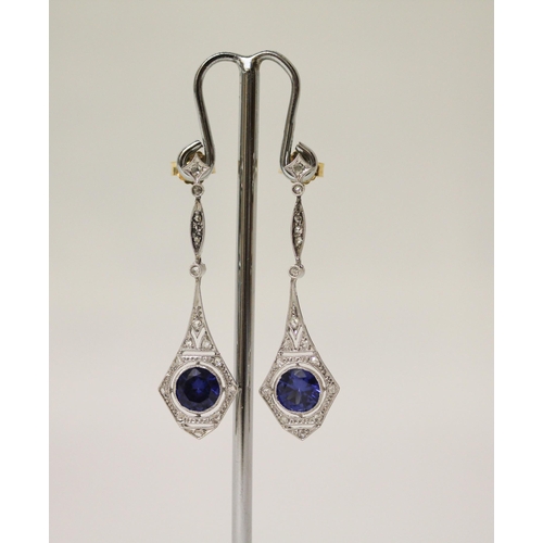 678 - A pair of Art Deco sapphire and diamond drop earrings, the articulated earrings millegrain-set with ... 