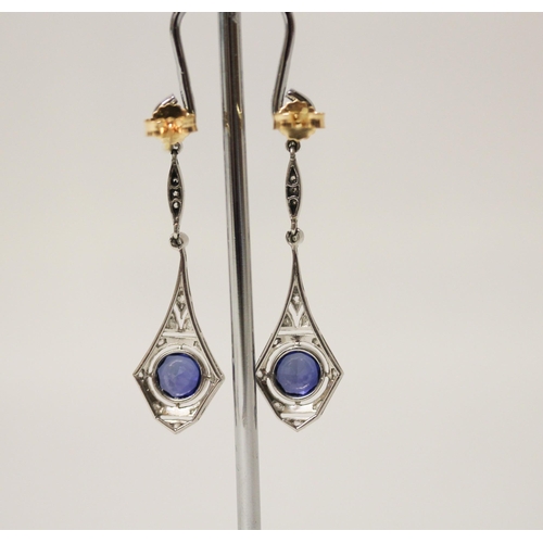 678 - A pair of Art Deco sapphire and diamond drop earrings, the articulated earrings millegrain-set with ... 