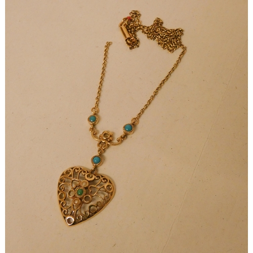 686 - An antique style turquoise and pearl pendant necklace, with a heart shaped dropper, 14ct yellow gold... 