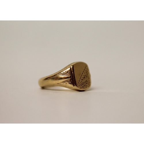 719 - A 9ct yellow gold signet ring, with part engraved cartouche, hallmarked, ring size P, gross weight 8... 