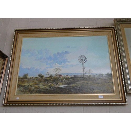 193 - A framed oil painting of a South African landscape scene with windmill. Image size 3' x 2'