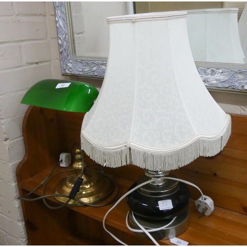 22 - A brass and green desk lamp and a table lamp with shade