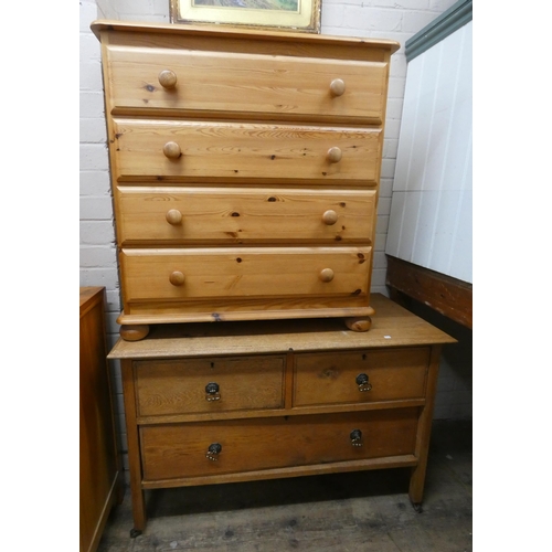 35 - A Victorian style pine chest of four long drawers and a low oak chest fitted one long and two short ... 