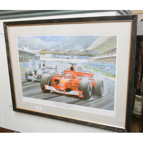 37 - A framed limited edition print of Michael Schumacher passing David Coulthard.