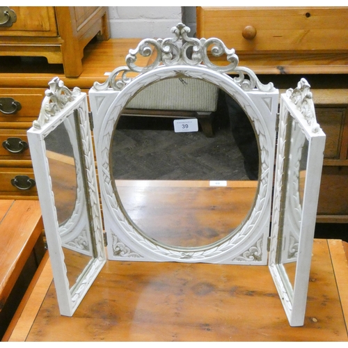 39 - A small triple dressing table mirror in white and gilt frame