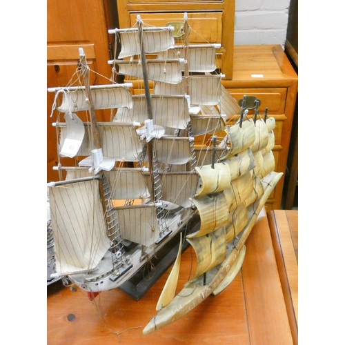 43 - A model Clipper ship and a model sailing ship made from horn