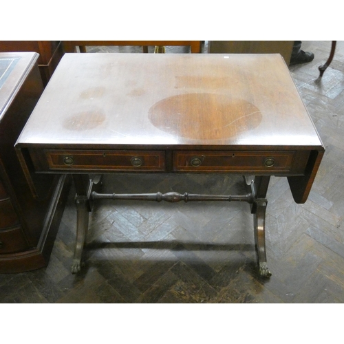 65 - A Georgian style mahogany sofa table fitted two drawers with a cross banded top 3' wide