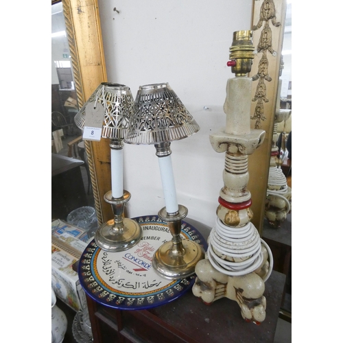 8 - A pair of plated candle lamps, one other and a Concord Inaugural flight to Jordan plate