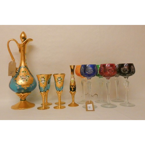 252 - A set of six coloured Cut Hock glasses and a Venetian liqueur set and bud vase