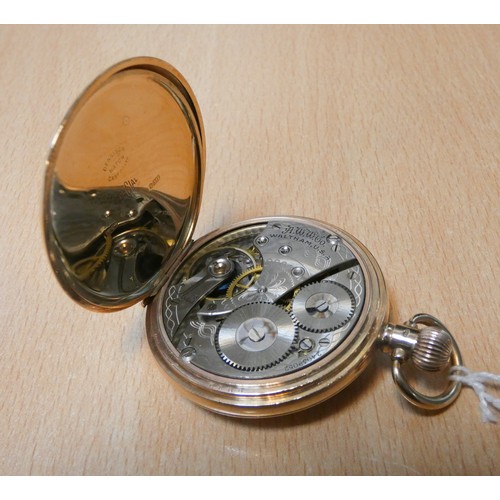 628 - A Waltham gold half hunter pocket watch, hallmarked 9ct gold inner & outer case, gross weight 100 gr... 