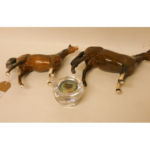 130 - Two Beswick horse ornaments and a Whitefriars Millefiore paperweight